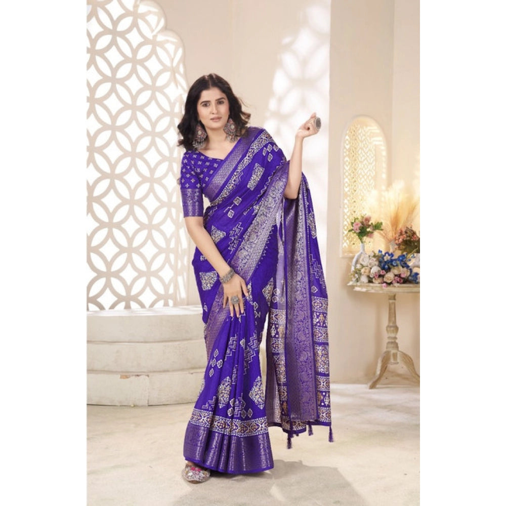 Generic Women's Cotton Silk Printed Saree With Unstitched Blouse 5.5Mtr (Royal Blue)