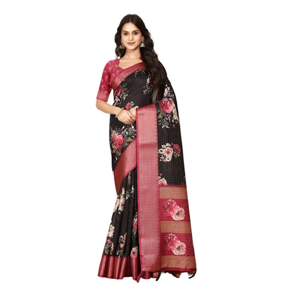Generic Women's Cotton Silk Floral Printed Saree With Unstitched Blouse 5.5Mtr (Black)