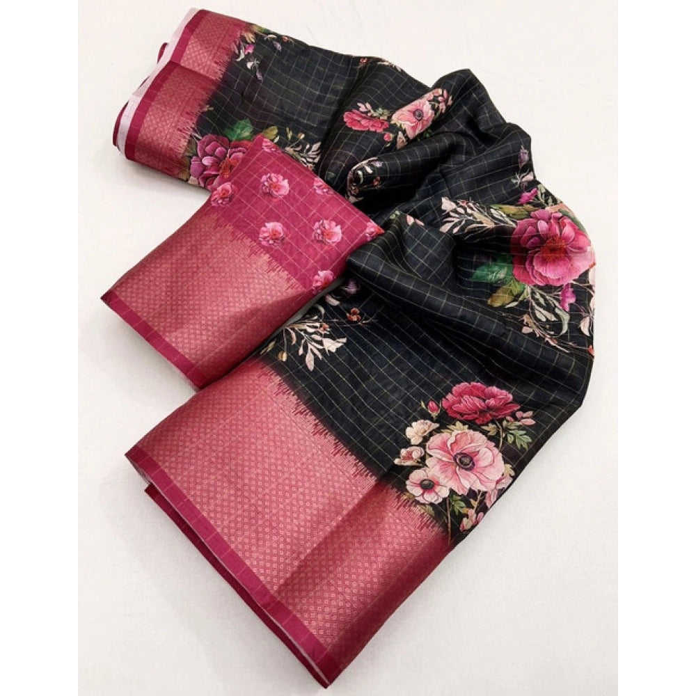 Generic Women's Cotton Silk Floral Printed Saree With Unstitched Blouse 5.5Mtr (Black)
