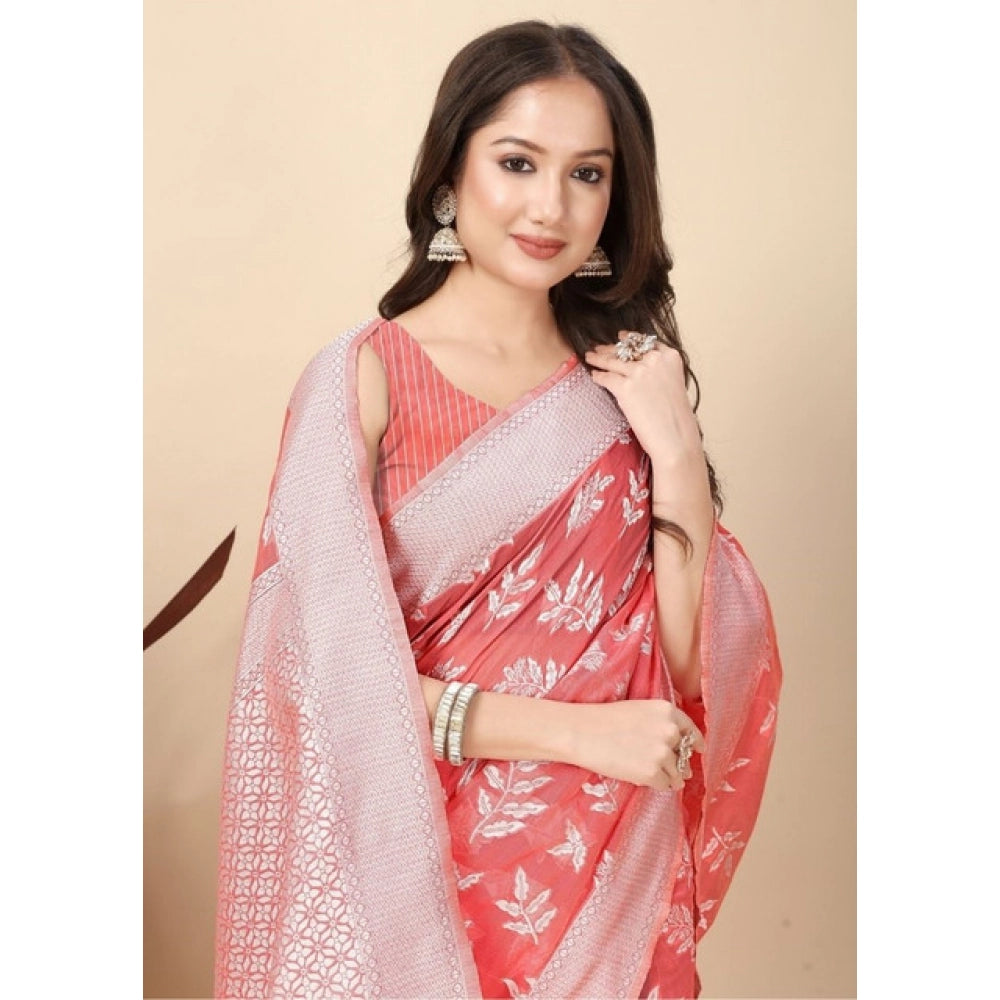 Generic Women's Art Silk Jacquard Printed Saree With Unstitched Blouse 5.5Mtr (Peach)