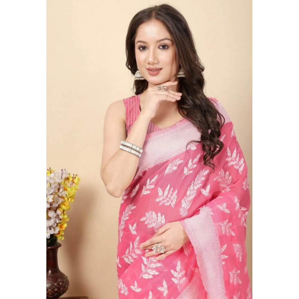 Generic Women's Art Silk Jacquard Printed Saree With Unstitched Blouse 5.5Mtr (Pink)