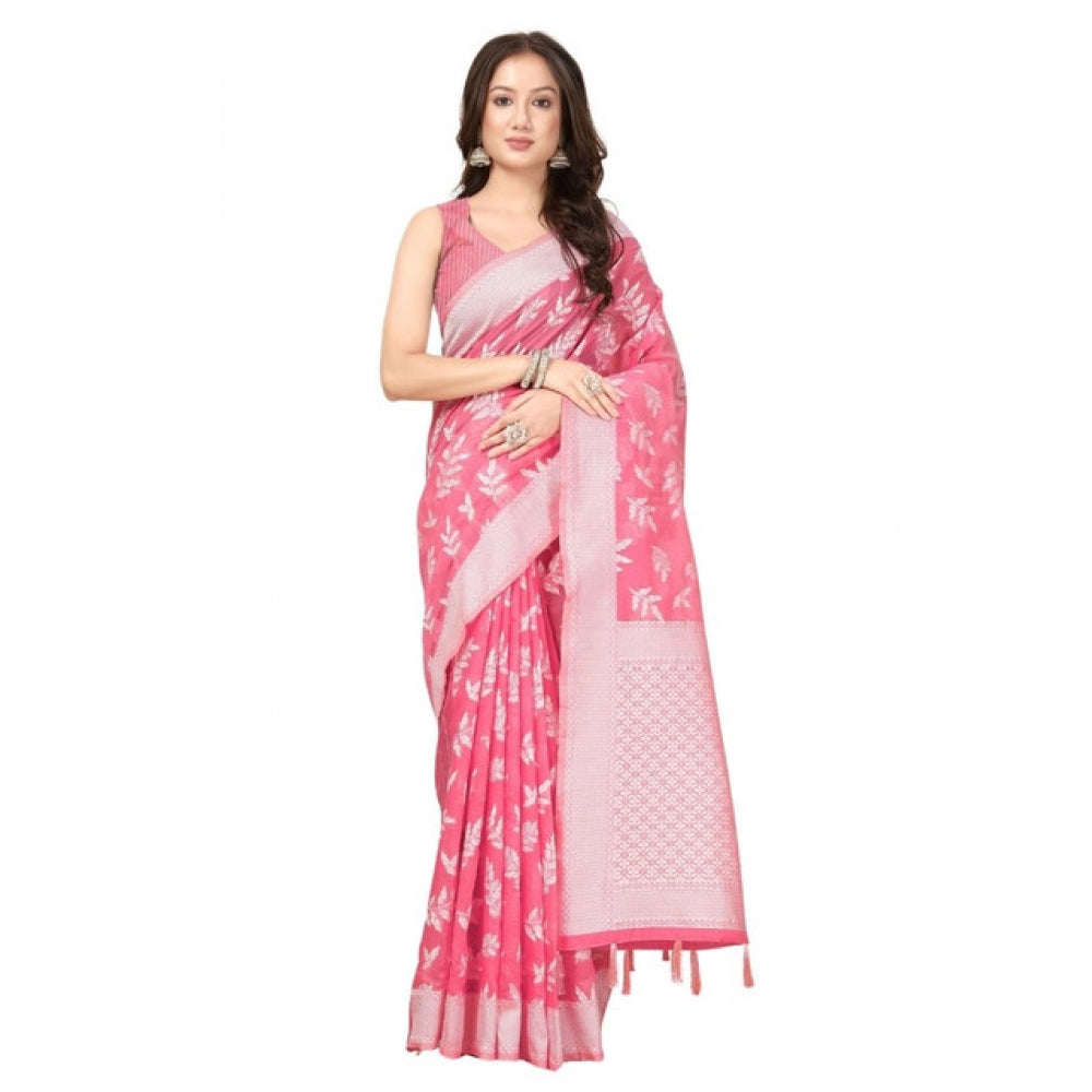 Generic Women's Art Silk Jacquard Printed Saree With Unstitched Blouse 5.5Mtr (Pink)