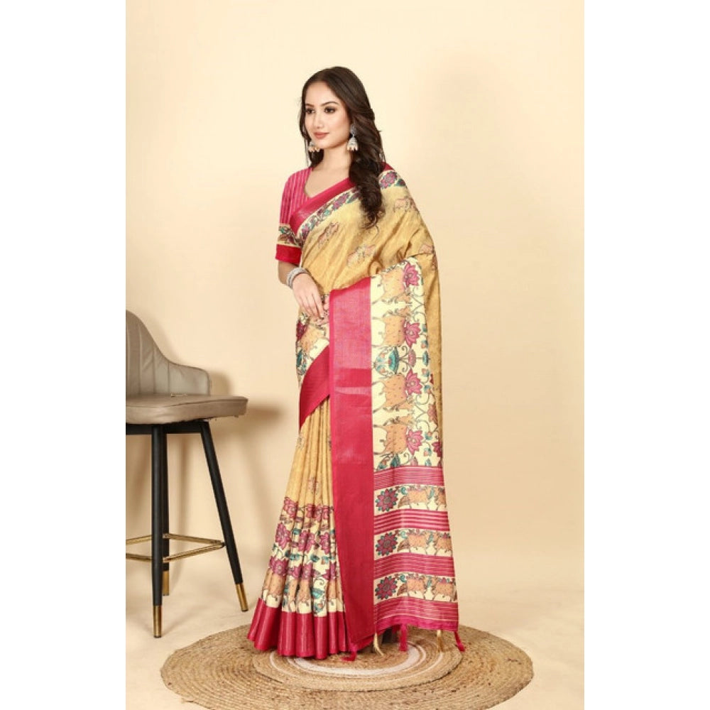 Generic Women's Cotton Silk Printed Saree With Unstitched Blouse 5.5Mtr (Yellow Red)