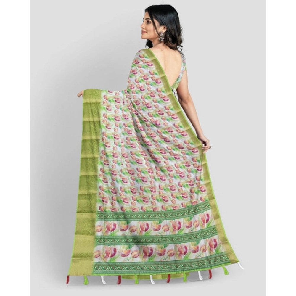 Generic Women's Cotton Blend Floral Printed Saree With Unstitched Blouse 5.5Mtr (Green-White)