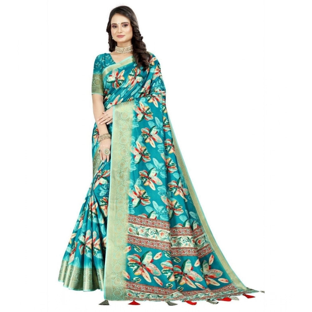 Generic Women's Cotton Silk Floral Printed Saree With Unstitched Blouse 5.5Mtr (Turquoise)