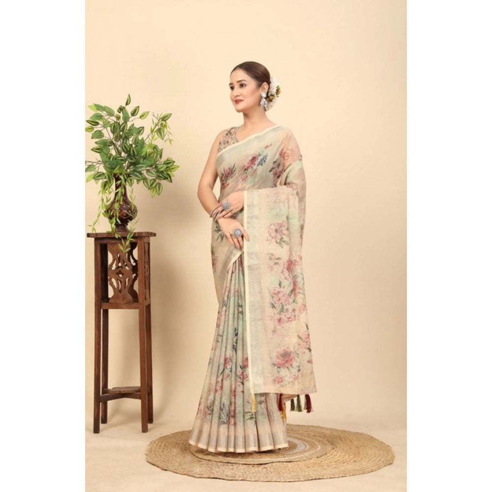 Generic Women's Cotton Silk Floral Printed Saree With Unstitched Blouse 5.5Mtr (Cream)