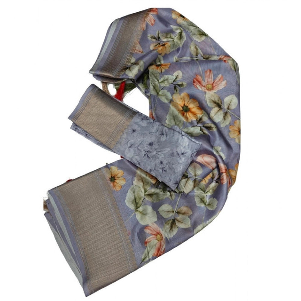 Generic Women's Cotton Silk Floral Printed Saree With Unstitched Blouse 5.5Mtr (Grey)