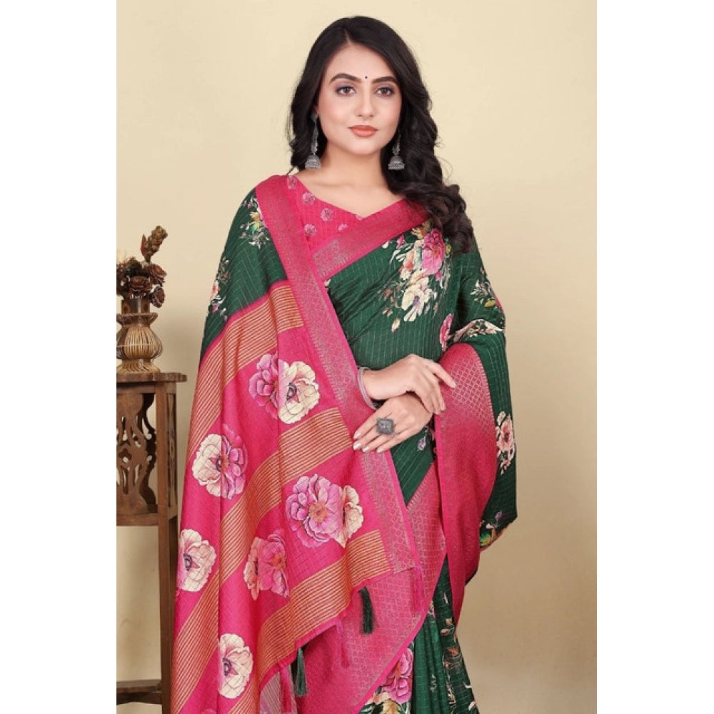 Generic Women's Cotton Blend Floral Printed Saree With Unstitched Blouse 5.5Mtr (Green)