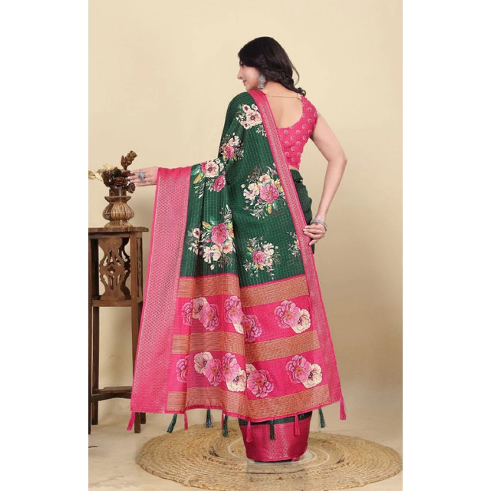 Generic Women's Cotton Blend Floral Printed Saree With Unstitched Blouse 5.5Mtr (Green)