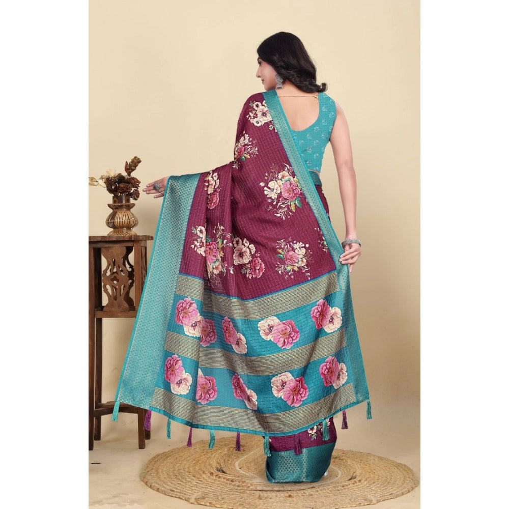 Generic Women's Cotton Blend Floral Printed Saree With Unstitched Blouse 5.5Mtr (Maroon)