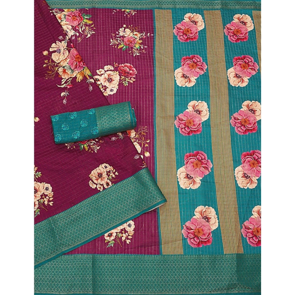 Generic Women's Cotton Blend Floral Printed Saree With Unstitched Blouse 5.5Mtr (Maroon)