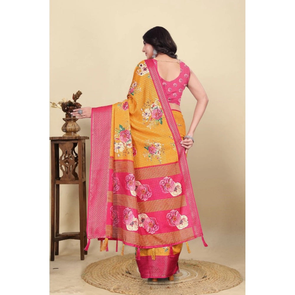 Generic Women's Cotton Blend Floral Printed Saree With Unstitched Blouse 5.5Mtr (Yellow)