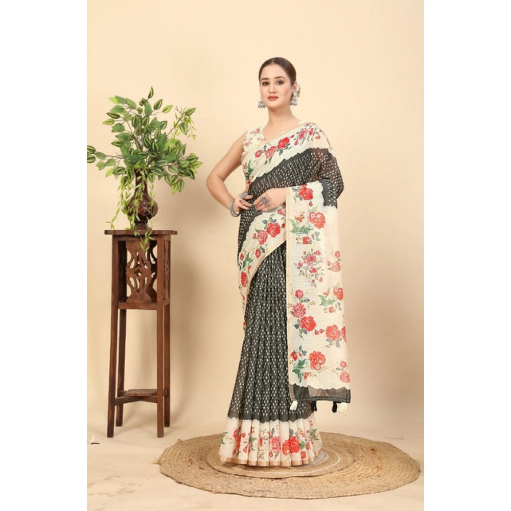 Generic Women's Chanderi Floral Printed Saree With Unstitched Blouse 5.5Mtr (Black)