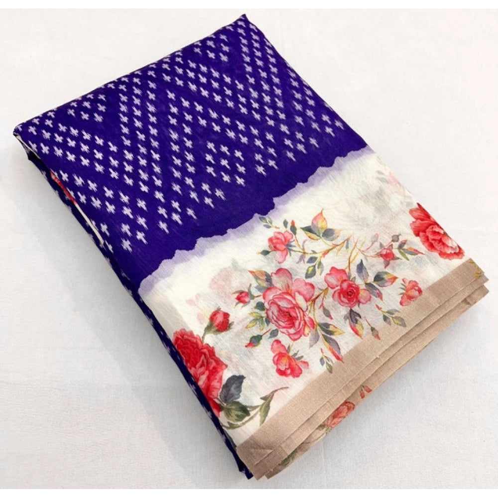 Generic Women's Cotton Silk Floral Printed Saree With Unstitched Blouse 5.5Mtr (Blue)