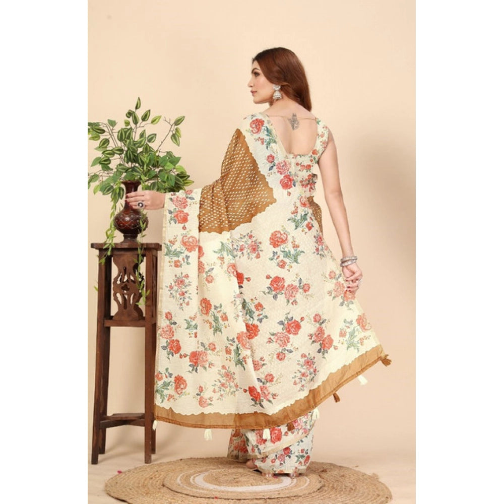 Generic Women's Cotton Silk Floral Printed Saree With Unstitched Blouse 5.5Mtr (Brown)