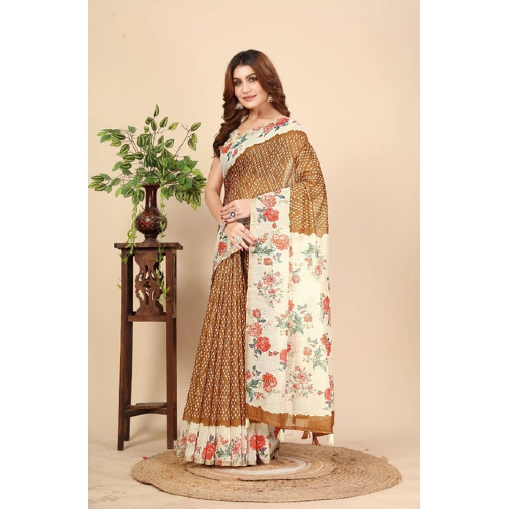 Generic Women's Cotton Silk Floral Printed Saree With Unstitched Blouse 5.5Mtr (Brown)