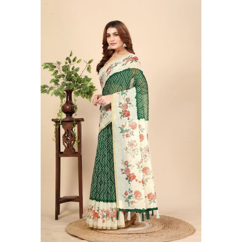 Generic Women's Chanderi Floral Printed Saree With Unstitched Blouse 5.5Mtr (Green)