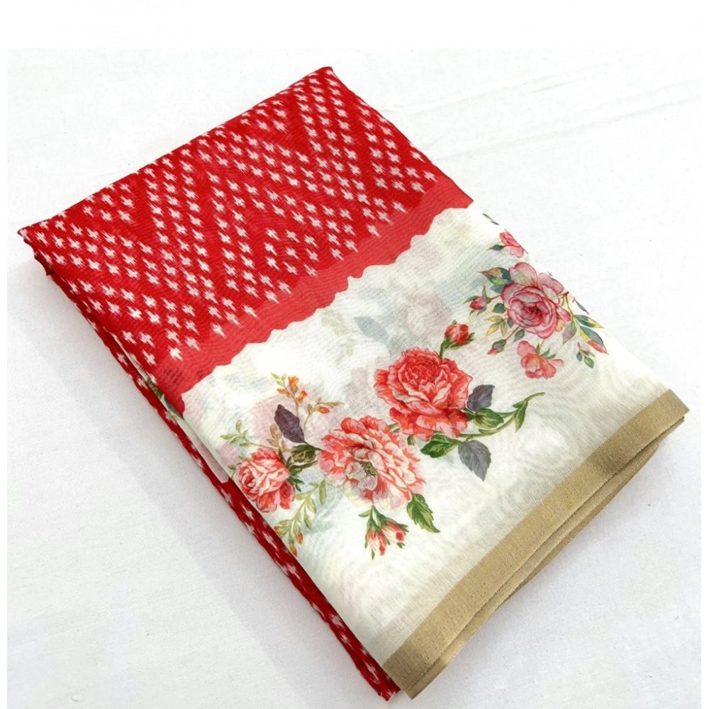 Generic Women's Chanderi Floral Printed Saree With Unstitched Blouse 5.5Mtr (Red)