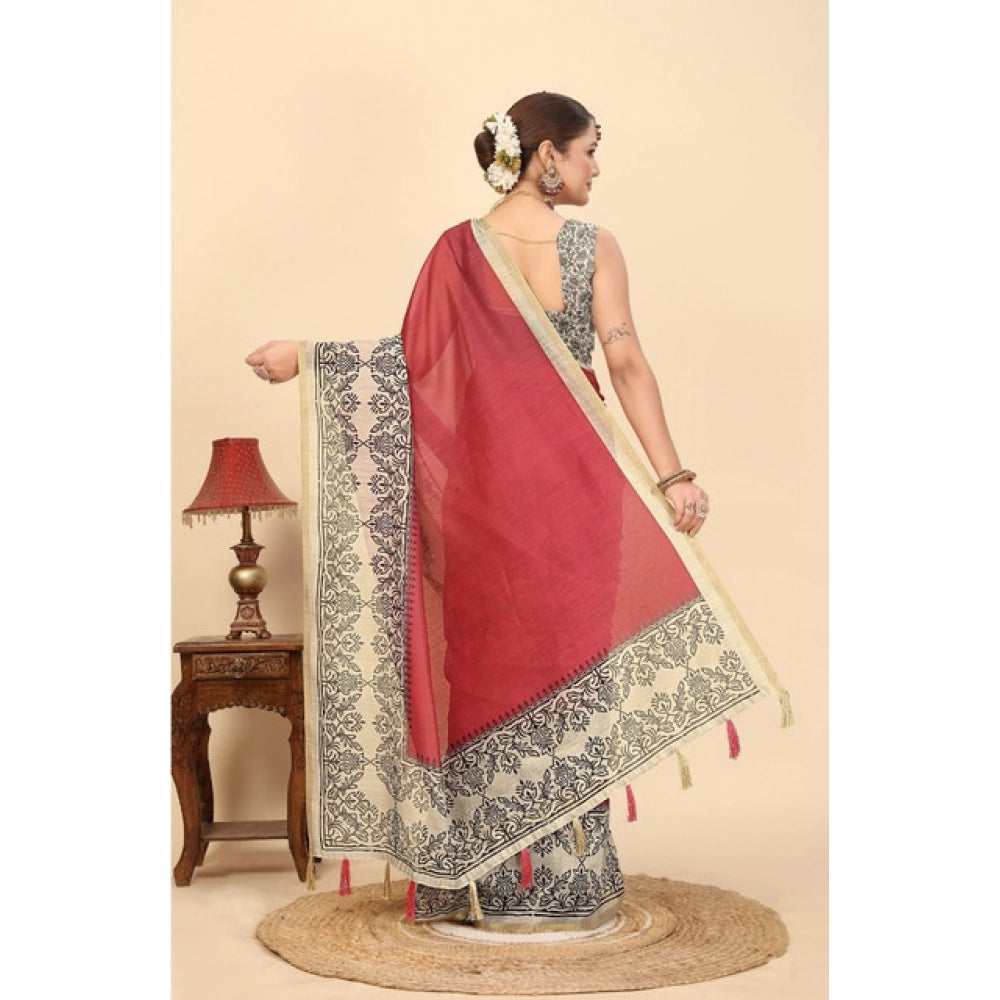Generic Women's Chanderi Printed Saree With Unstitched Blouse 5.5Mtr (Pink)