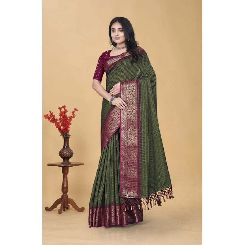 Generic Women's Cotton Blend Checkered Saree With Unstitched Blouse 5.5Mtr (Green)