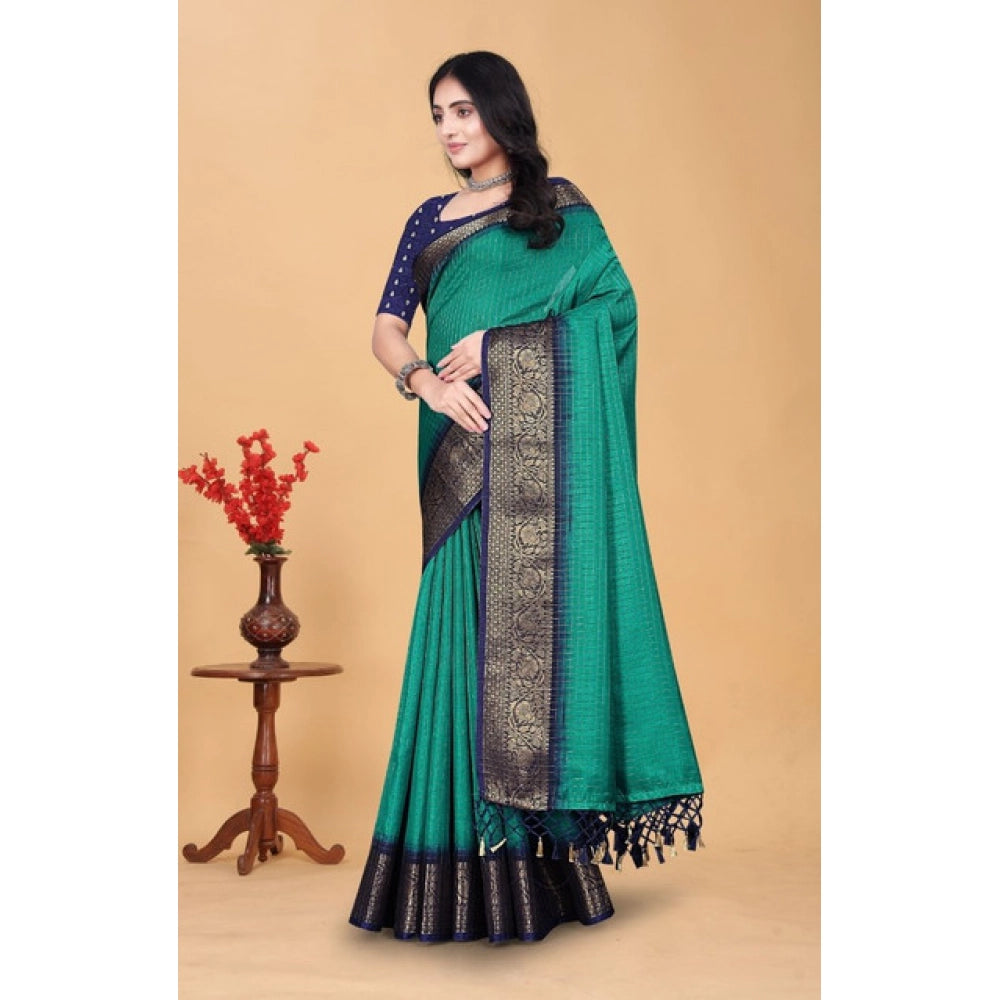 Generic Women's Cotton Blend Checkered Saree With Unstitched Blouse 5.5Mtr (Teal Green)