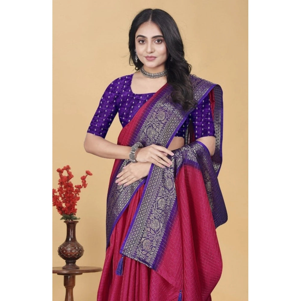 Generic Women's Cotton Blend Checkered Saree With Unstitched Blouse 5.5Mtr (Pink)