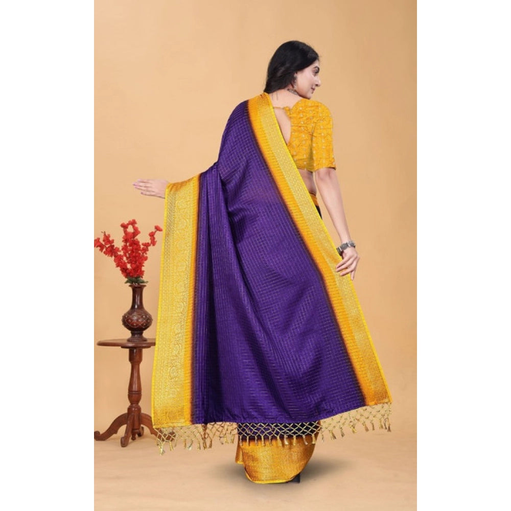 Generic Women's Cotton Blend Checkered Saree With Unstitched Blouse 5.5Mtr (Royal Blue)