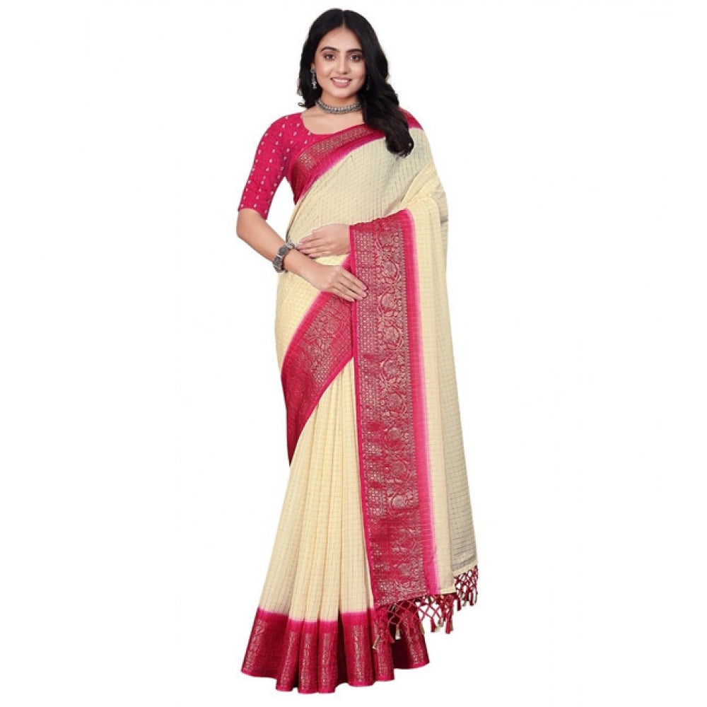 Generic Women's Cotton Blend Checkered Saree With Unstitched Blouse 5.5Mtr (Multicolor)