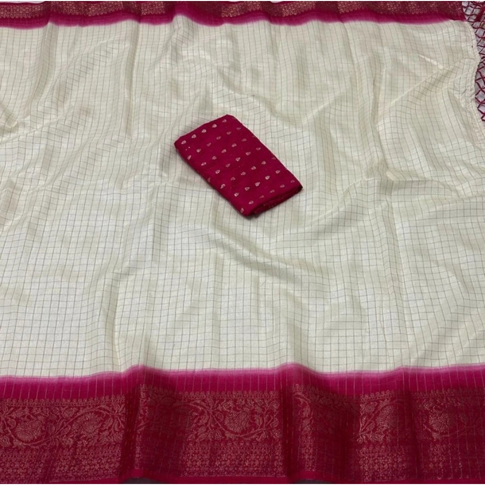 Generic Women's Cotton Blend Checkered Saree With Unstitched Blouse 5.5Mtr (Multicolor)