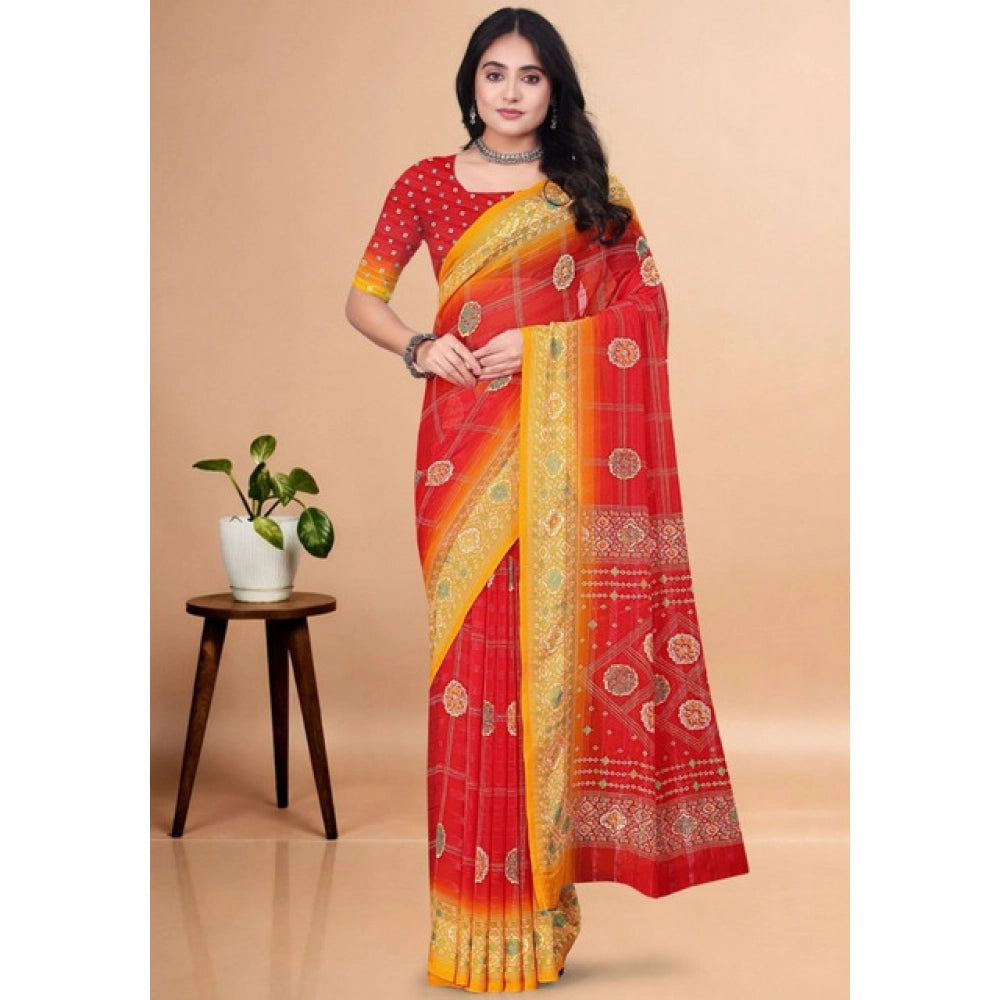 Generic Women's Art Silk Printed Saree With Unstitched Blouse 5.5Mtr (Red)