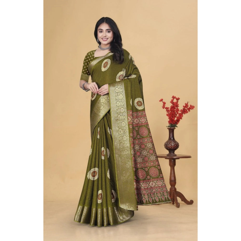 Generic Women's Art Silk Printed Saree With Unstitched Blouse 5.5Mtr (Mehendi)