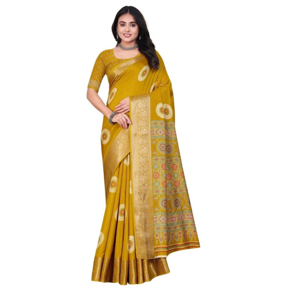 Generic Women's Art Silk Printed Saree With Unstitched Blouse 5.5Mtr (Mustard)