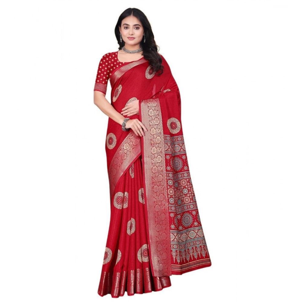 Generic Women's Art Silk Printed Saree With Unstitched Blouse 5.5Mtr (Red)