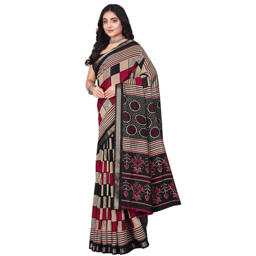 Generic Women's Dupion Silk Block Printed Saree With Unstitched Blouse 5.5Mtr (Multicolor)
