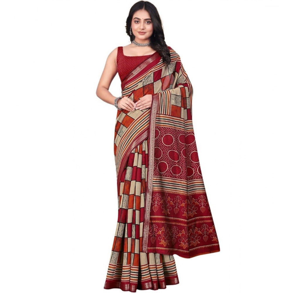 Generic Women's Dupion Silk Block Printed Saree With Unstitched Blouse 5.5Mtr (Multicolor)