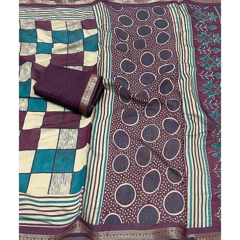 Generic Women's Dupion Silk Block Printed Saree With Unstitched Blouse 5.5Mtr (Multicolor)