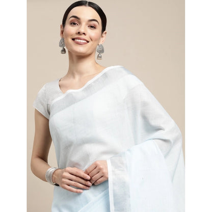 Generic Women's Linen Cotton Striped Saree With Unstitched Blouse 5.5Mtr (Sky Blue)