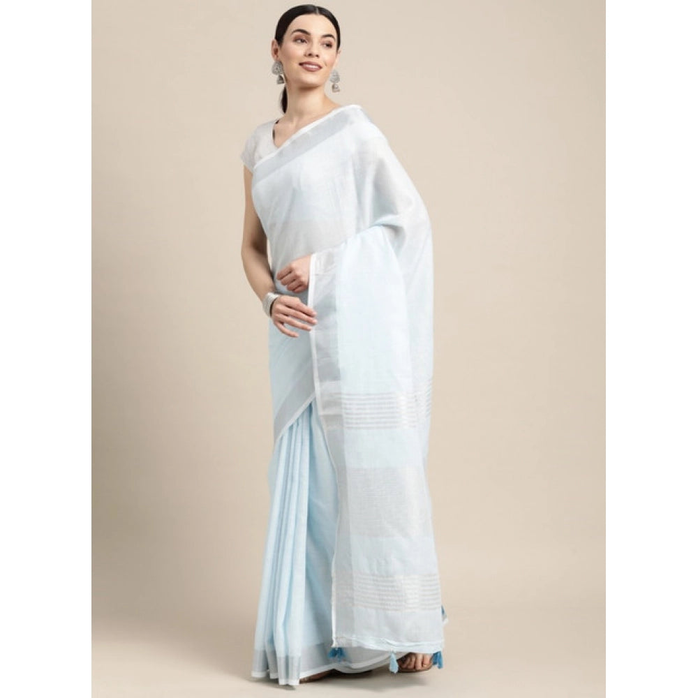 Generic Women's Linen Cotton Striped Saree With Unstitched Blouse 5.5Mtr (Sky Blue)