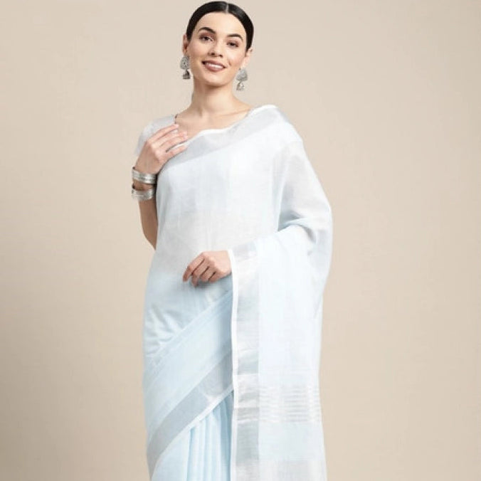 Generic Women's Linen Cotton Striped Saree With Unstitched Blouse 5.5Mtr (Sky Blue)