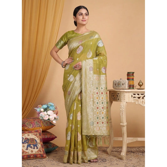Generic Women's Linen Cotton Printed Saree With Unstitched Blouse 5.5Mtr (Mustard)