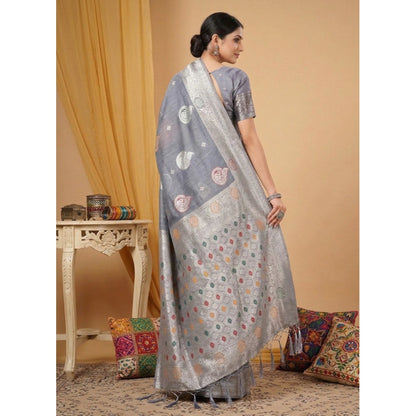 Generic Women's Linen Cotton Printed Saree With Unstitched Blouse 5.5Mtr (Grey)
