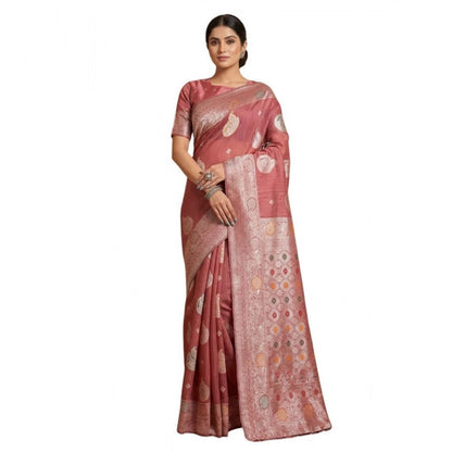 Generic Women's Linen Cotton Printed Saree With Unstitched Blouse 5.5Mtr (Pink)