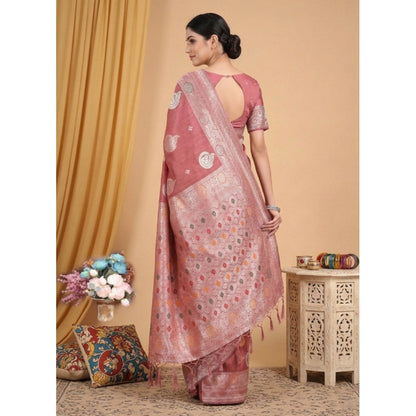 Generic Women's Linen Cotton Printed Saree With Unstitched Blouse 5.5Mtr (Pink)