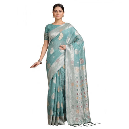 Generic Women's Linen Cotton Printed Saree With Unstitched Blouse 5.5Mtr (Sea Green)