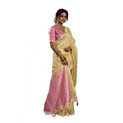 Generic Women's Linen Cotton Printed Saree With Unstitched Blouse 5.5Mtr (Yellow )