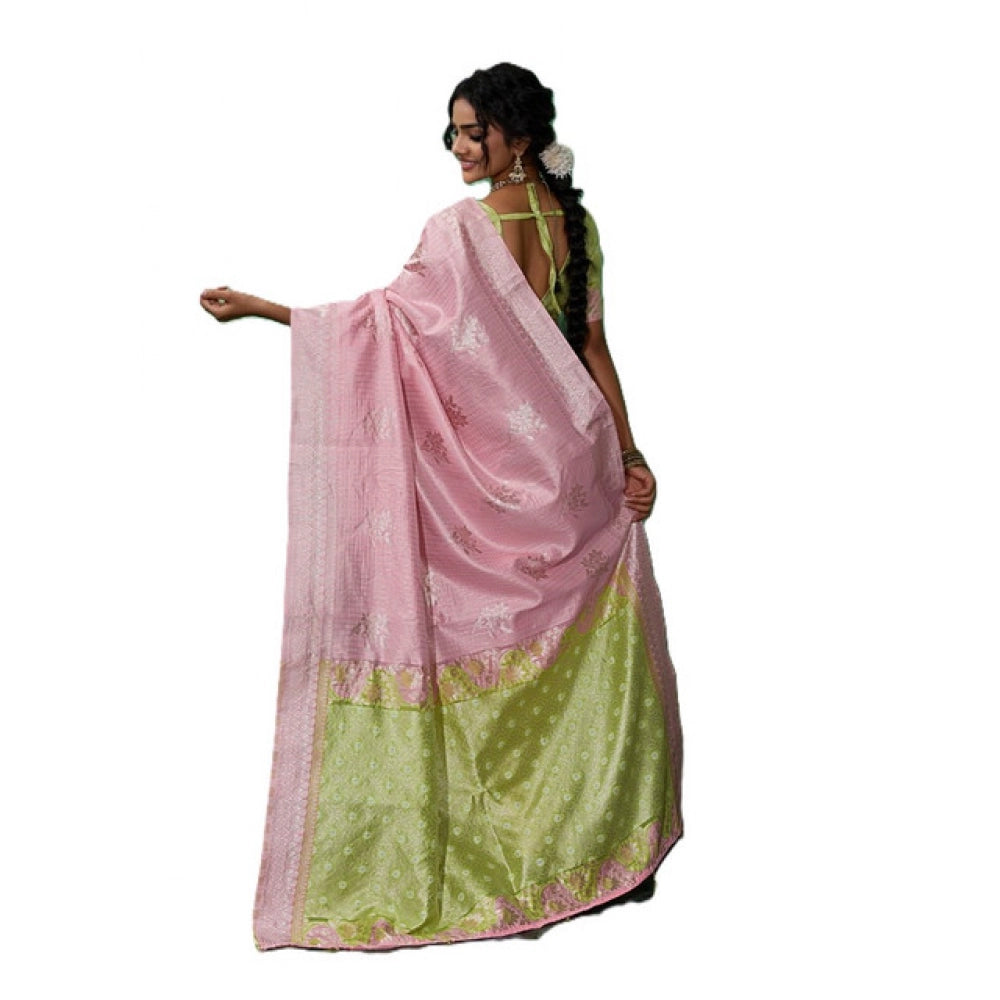 Generic Women's Linen Cotton Printed Saree With Unstitched Blouse 5.5Mtr (Pink)