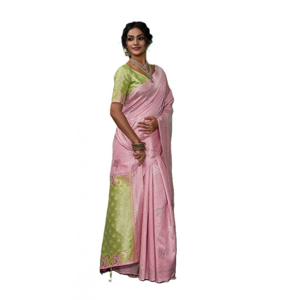 Generic Women's Linen Cotton Printed Saree With Unstitched Blouse 5.5Mtr (Pink)
