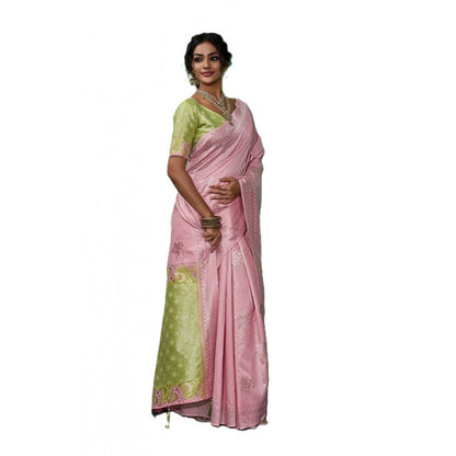 Generic Women's Linen Cotton Printed Saree With Unstitched Blouse 5.5Mtr (Pink)