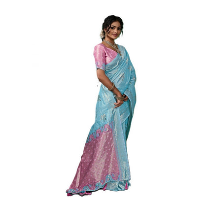 Generic Women's Linen Cotton Printed Saree With Unstitched Blouse 5.5Mtr (Sky Blue)