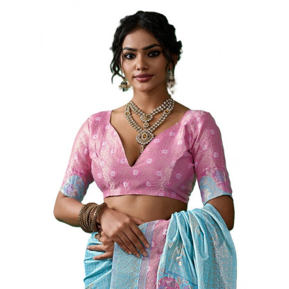 Generic Women's Linen Cotton Printed Saree With Unstitched Blouse 5.5Mtr (Sky Blue)